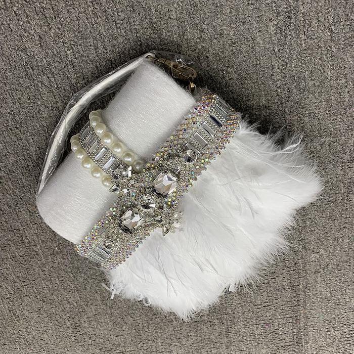 Luxury Real Ostrich Feather Box Shape Party Clutch, Evening Bag,