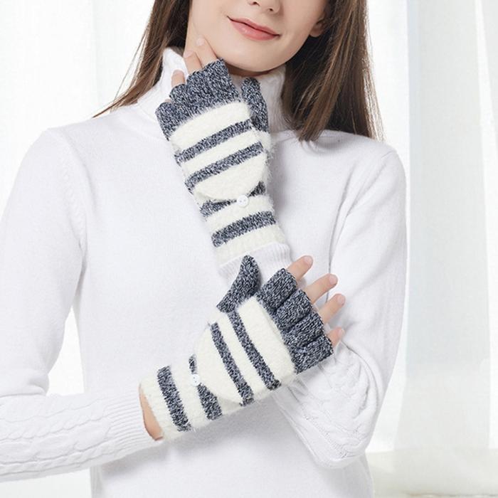 Winter Knitted Gloves Flip Cover Mittens Striped Fingerless Gloves with Flip Top Writing Gloves for 