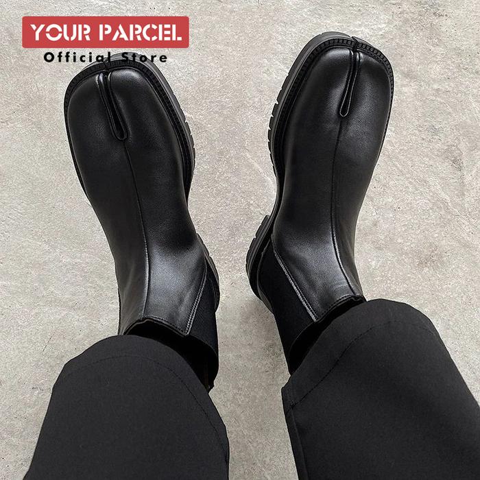 Split toe shoes for men's Chelsea boots square toe high top leath