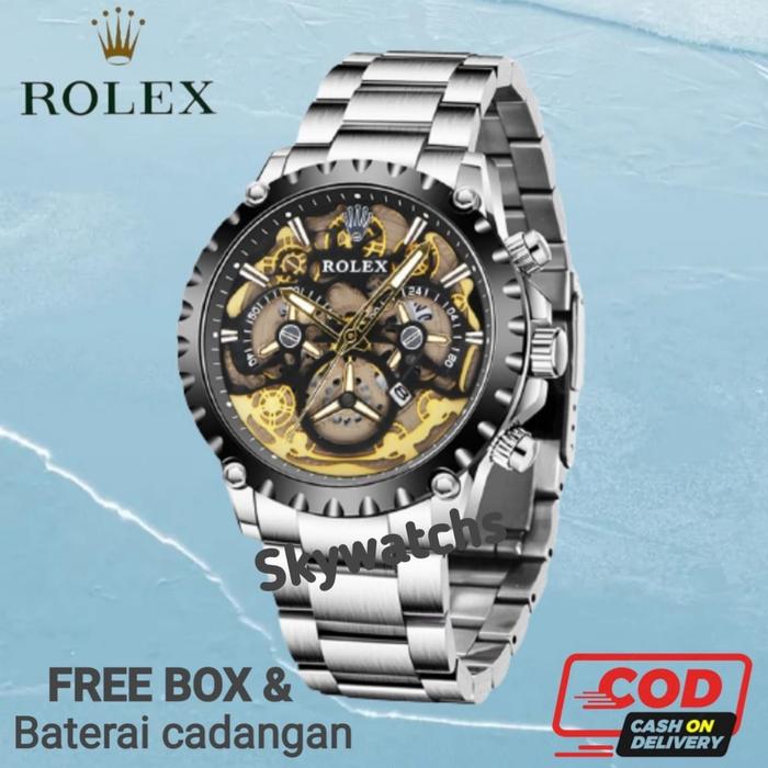 BEST SKY JAM TANGAN PRIA ROLEX SKELETON AUTOMATIC RANTAI STAINLESS STEEL TANGGAL AKTIF ANTI AIR FREE