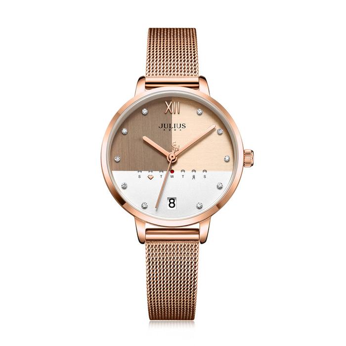 Jam Tangan Wanita Julius Watch Stainless Steel Mesh Band Elegant Women's Business Watch With Calenda