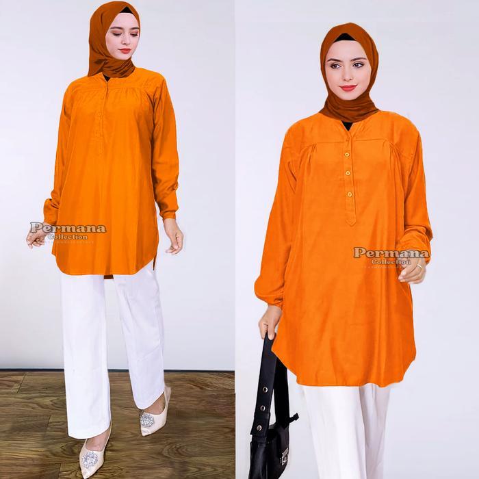 Baju Atasan Blouse Wanita Kemeja Lengan Panjang Orange Jumbo Dewasa Muslim Rayon Nyaman Oversize Bas