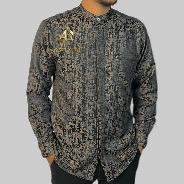 ASSHAHIH kemko jaguar motif abstrak Baju Muslim Pria Formal Kerah sanghai lengan Manset saku paspol