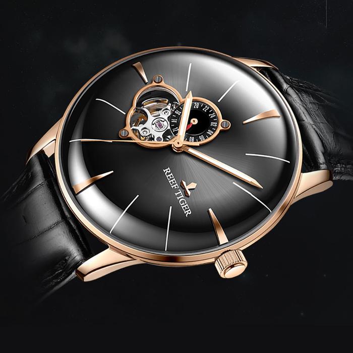 Jam Tangan Pria Reef Tiger Men's Rose Gold Automatic Dress Watch Luxury Top Brand with Genuine Leath