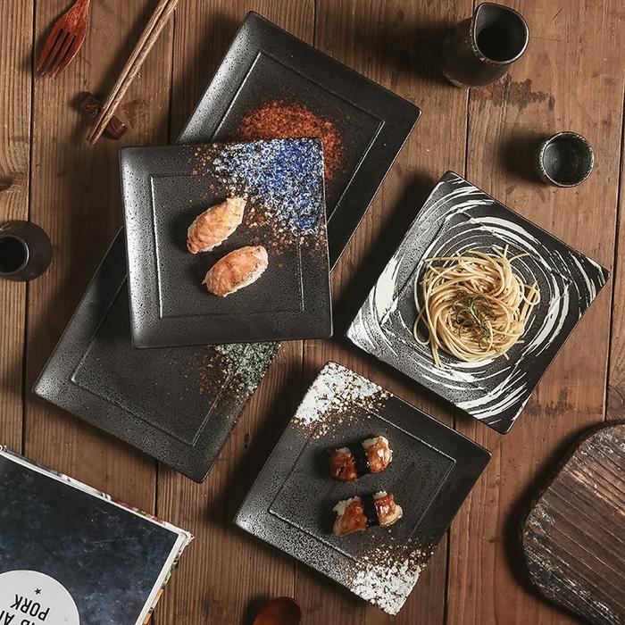 ASHOME piring sushi keramik motif galaxy stone kotak persegi tahan panas microwaveable safe/ piring 