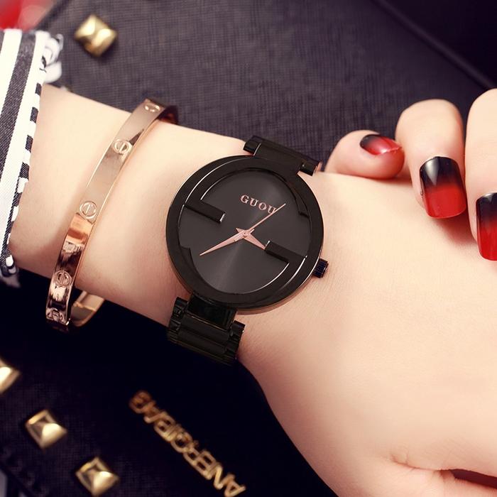 Jam Tangan Wanita Fashion Guou Brand Unique Women Luxury Rose Gold Steel Quartz Wrist Watch Relogio 