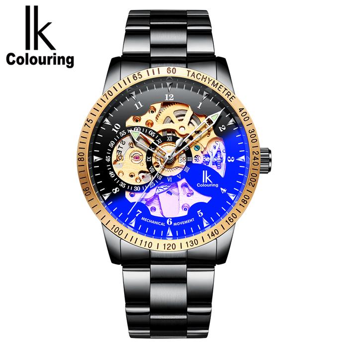 Jam Tangan Pria IK Colouring Skeleton Mechanical Watch for Men Fashion Casual Stainless Steel Bracel