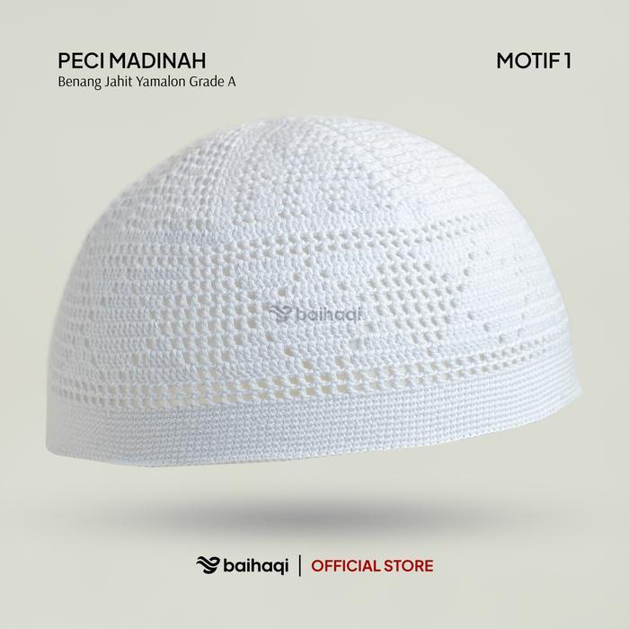 BAIHAQI - Peci Madinah Bahan Benang Jahit Yamalo Handmade | Peci Haji Putih | Peci Rajut Dewasa