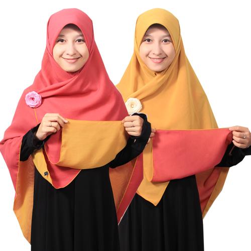Jilbab syari segi empat Bolak Balik Merah bata- Caramel