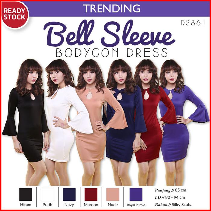 Bell Sleeve Bodycon Sexy Dress Gaun Pakaian Wanita DS861