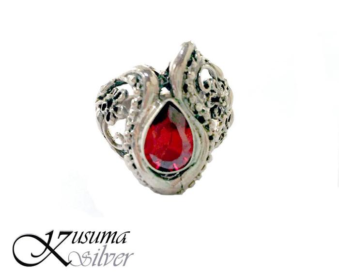 Cincin Ring Perak Silver Bali Tear Drop Batu Mata Merah Ukir Asli 925