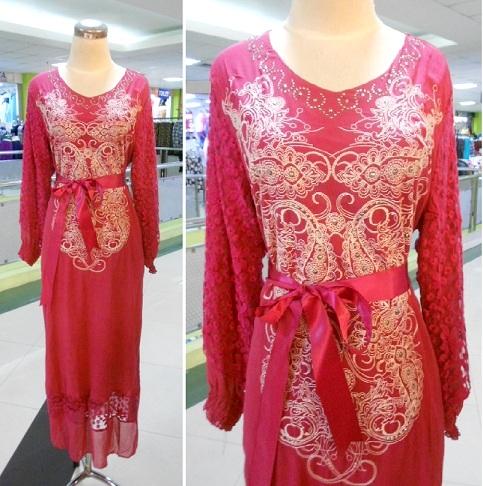 Dress Gamis Kaftan Muslim kombinasi brokat ILV PINK FANTA