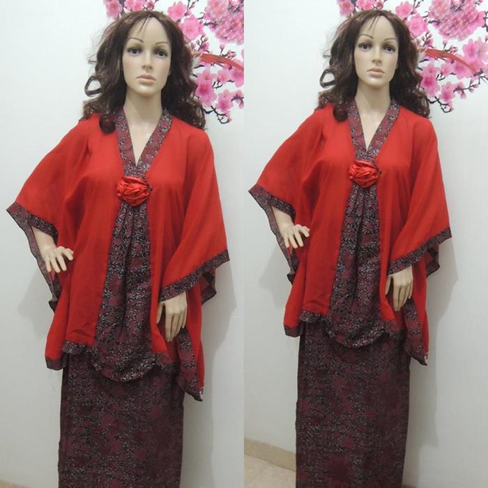 Stelan Batik Sifon Chiffon Rose Merah Blouse + Rok Kebaya Kelelawar