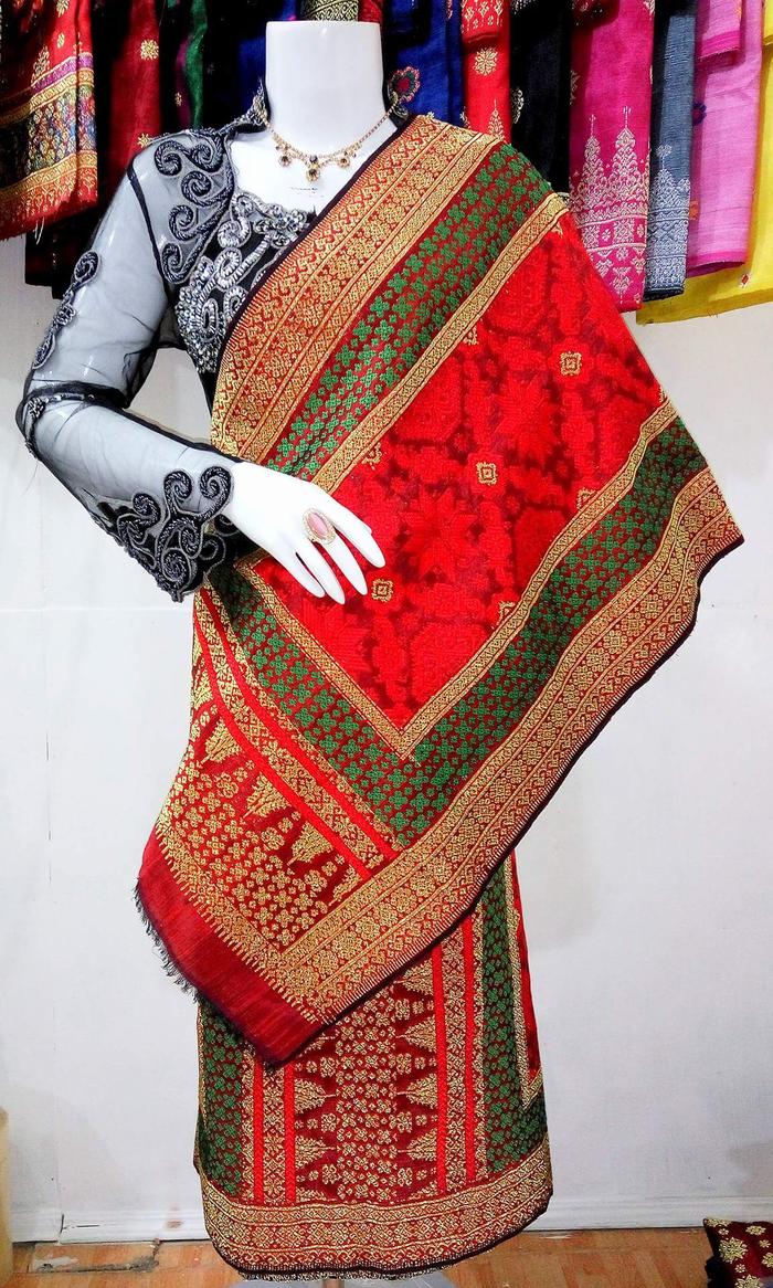 Kain Selendang Songket Palembang Motif Bunga Cina Merah Kandang Hija