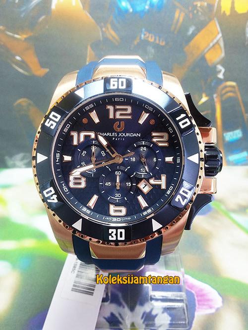JAM TANGAN PRIA CHARLES JOURDAN CJ1026-1585C ROSE GOLD BIRU ORIGINAL