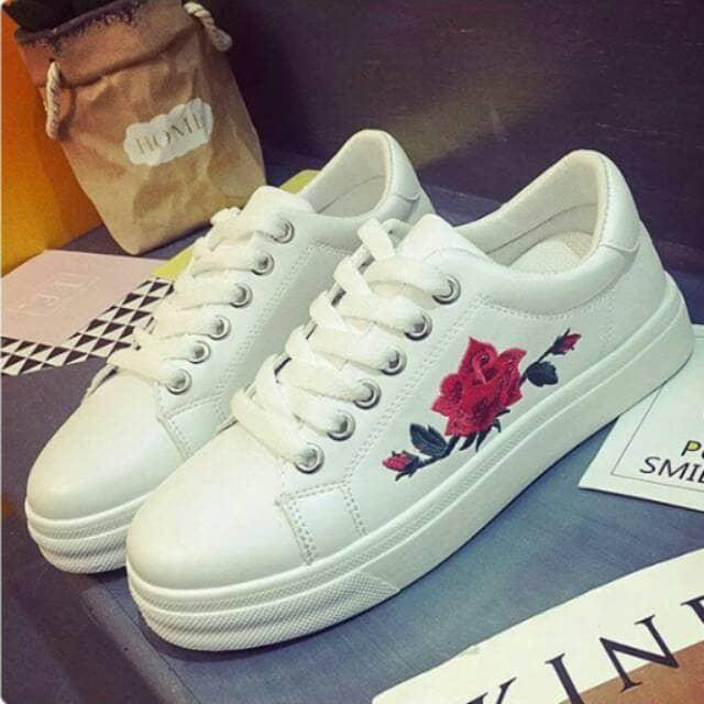 Sepatu kets rose flower/sepatu kets wanita/sepatu kets putih