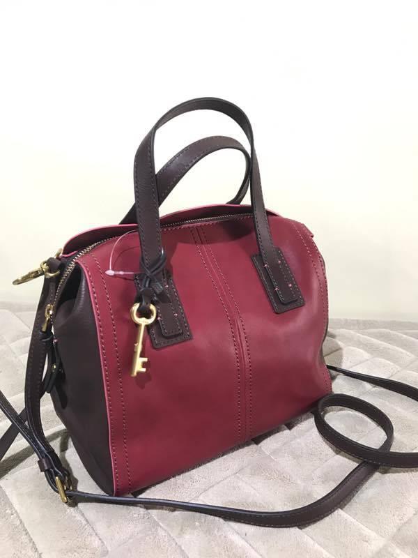 Tas Authentic FOSSIL Emma Leather Satchel red multi Original Asli