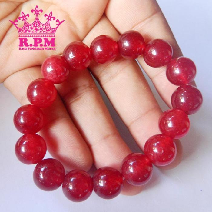 Gelang Pria Wanita Batu Giok Asli Original Warna Merah Delima 12mm