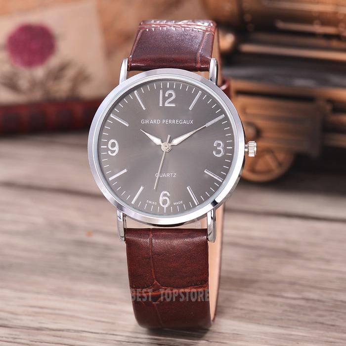 Jam Tangan Unisex-Body Silver-Black Dial-kulit Coklat Tua-FG-BT4860-SB