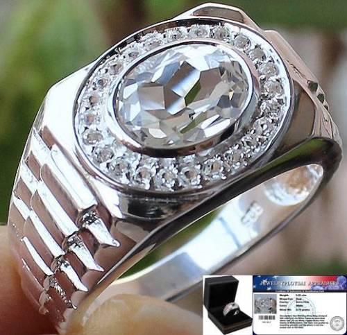 Cincin Pria Top 3.20 CTS GENUINE WHITE TOPAZ 100% SOLID 925 R10 Memo