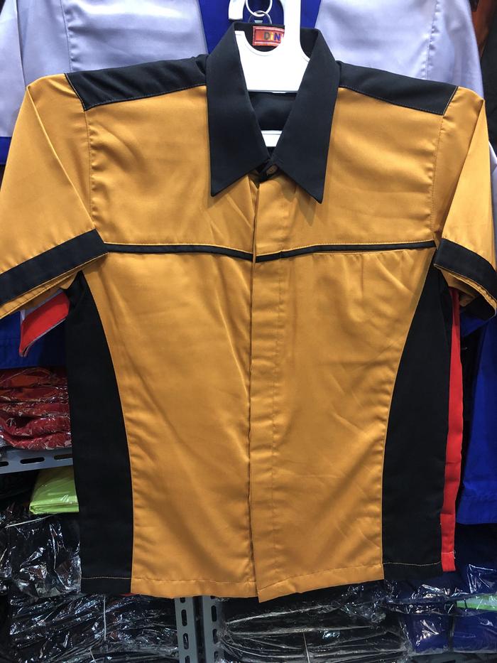 kemeja kerja, kemeja karyawan, kemeja pegawai coklat kunir-hitam