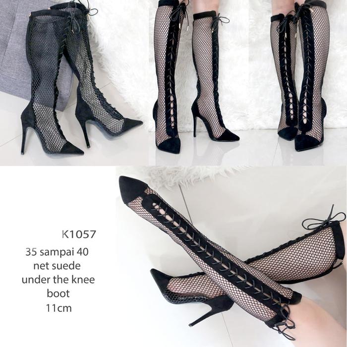 Kode K1057 High Heel Booth Under The Knee bahan Net Suede Import