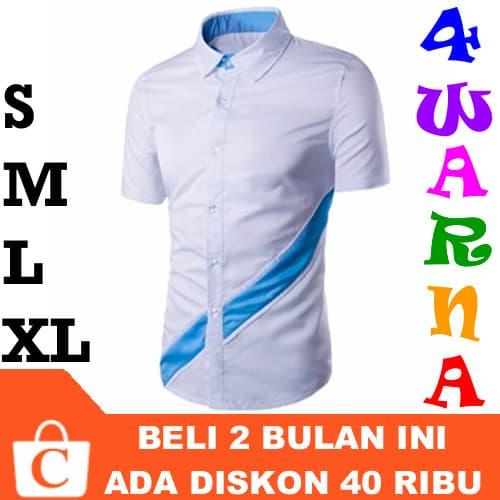 Kemeja Pria Pendek Sablon Garis Kotak PUTIH BIRU MUDA BIRU LANGIT