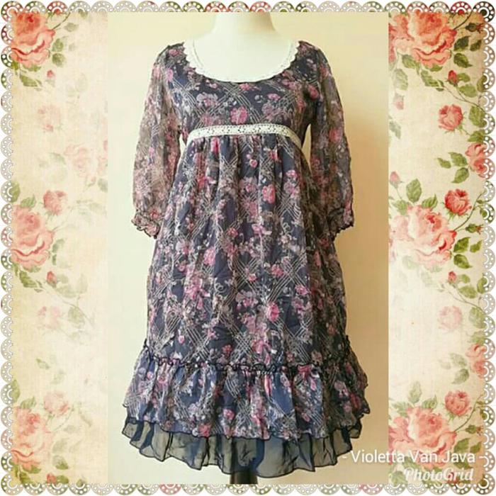 Mini dress kawai navy blue biru shabby flower vintage Petite Flute