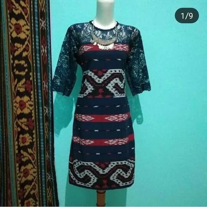 dress tenun toraja navi kombinasi brokat elegan