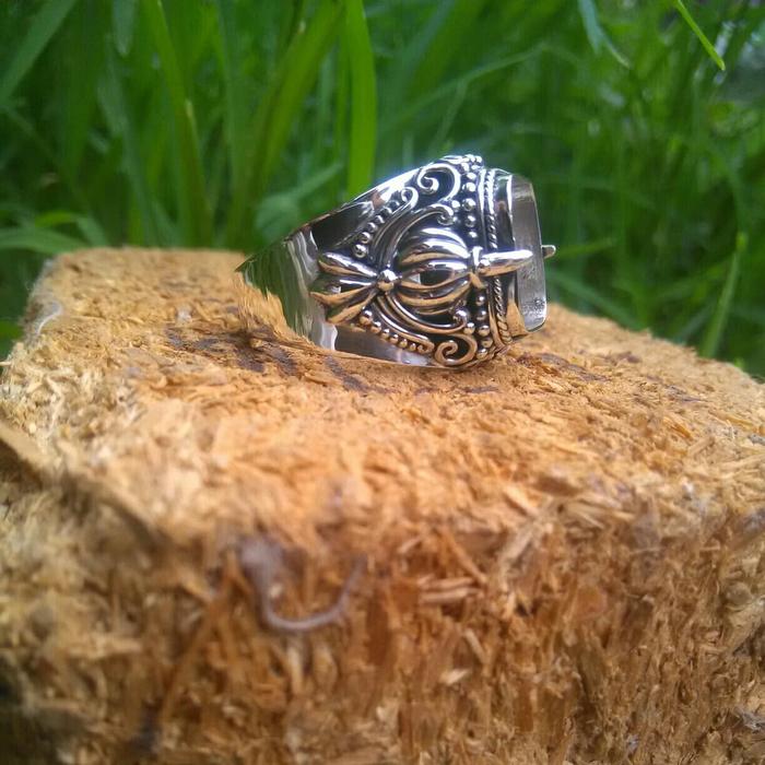 emban cincin perak handmade motif ukir etnik batu kotak
