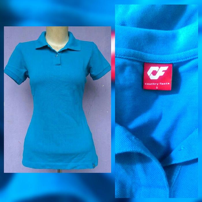Blouse atasan kerah wanita Country Fiesta biru blue lengan pendek