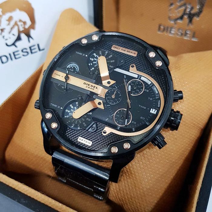 Jam Tangan Pria Big Size DS DZ7312 Mr. Daddy 2.0 4Time Chronograph Rosegold Dial Black Steel
