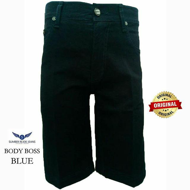 Celana Jeans Pendek Pria Warna BiruTua Stretch Merk BodyBoss Original