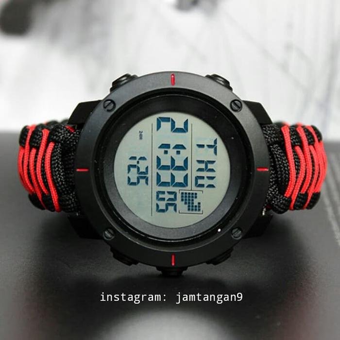 Jam Tangan Custom SKMEI Black & Red Line Paracord Survival Strap