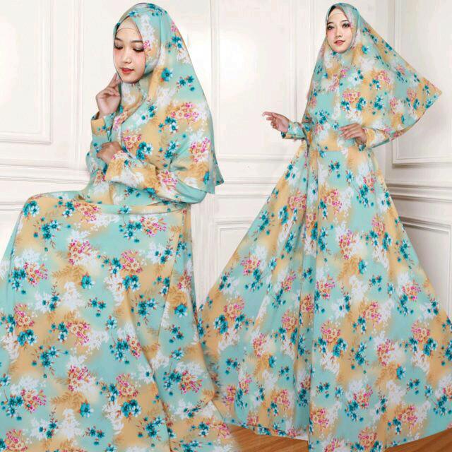 SYARI MAXI DRESS BUNGA + PASMINA TOSKA/ PINK/ BIRU/ KUNING SINTA SIMON