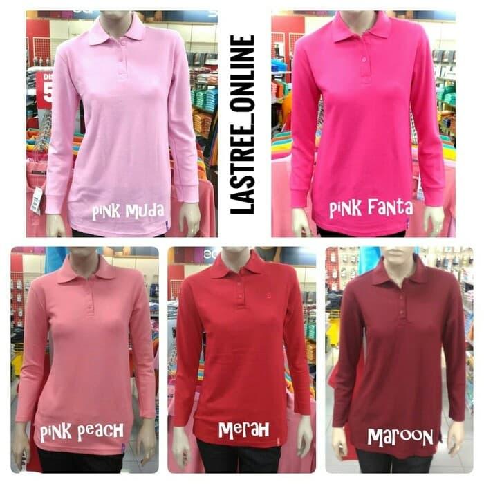 KAOS WANITA LENGAN PANJANG KRAH POLOS POLOSHIRT PINK MUDA PINK FANTA