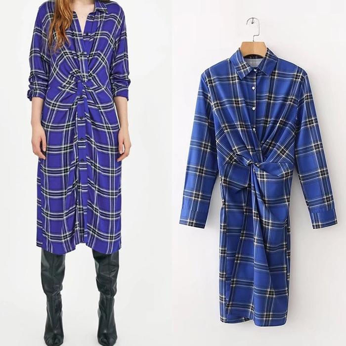 Baju Atasan Blouse Tunik Blue Azure Plaid (M) Import Original