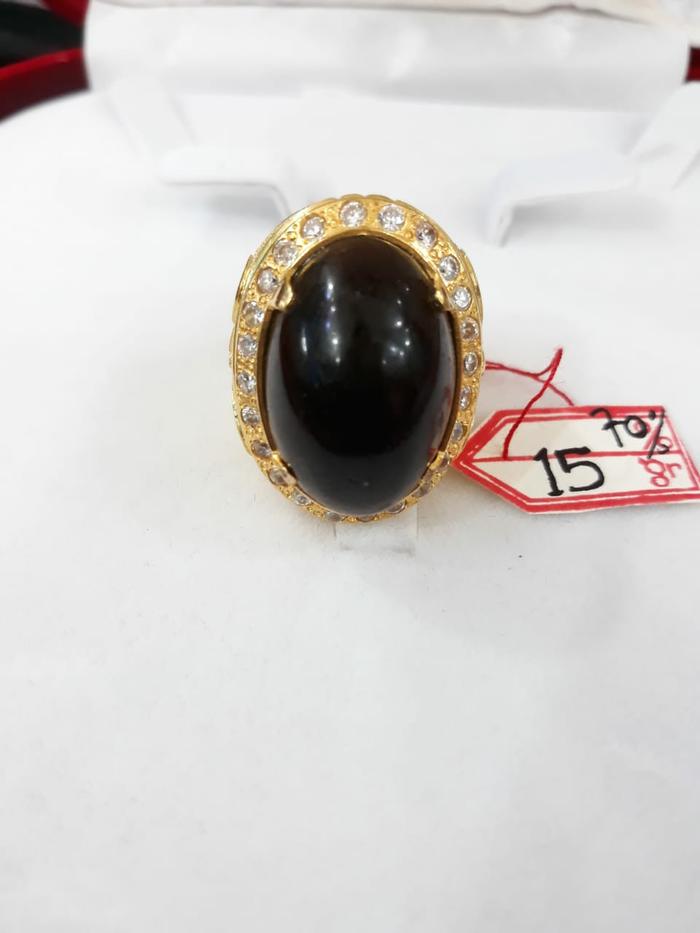 CL2F Cincin Emas Batu Akik Bulat Hitam Perhiasan Emas Asli Permata