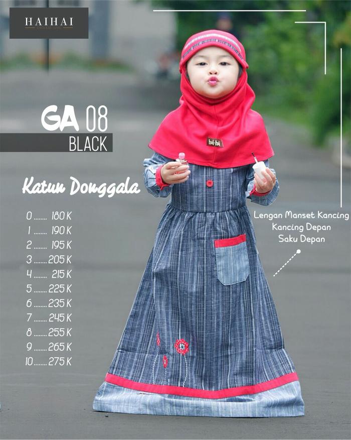 Set Gamis Jilbab Anak HaiHai GA 08 Hitam Katun Donggala Garis Bordir