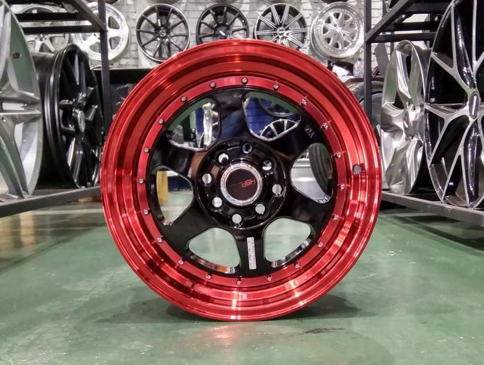 Velg Mobil Ring 15 HSR RUMOI Lebar Celong 7/8 Baut 4 Hitam Lis Merah