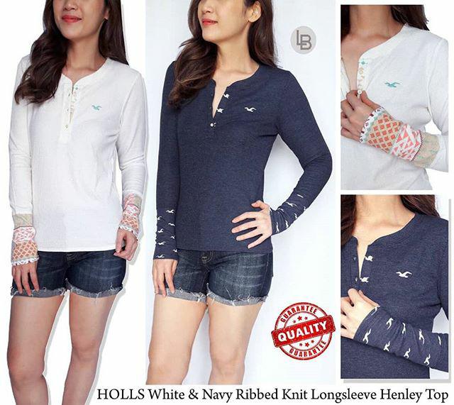 Hollister branded original white ribbed knit long sleeve henley top