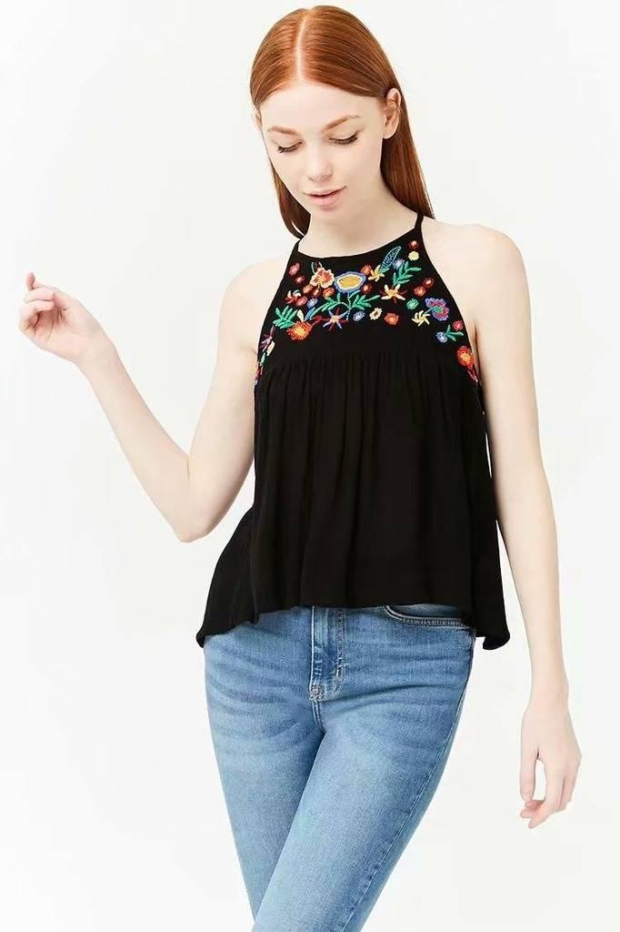 Tank Top Wanita Black halter embroidery (M) Import Original