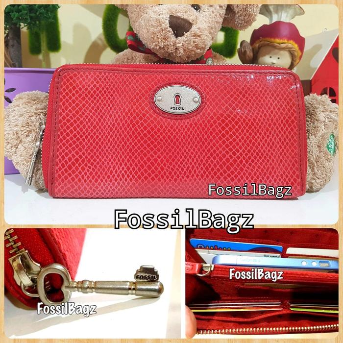 Fossil maddox perfect embossed red merah leather kunci