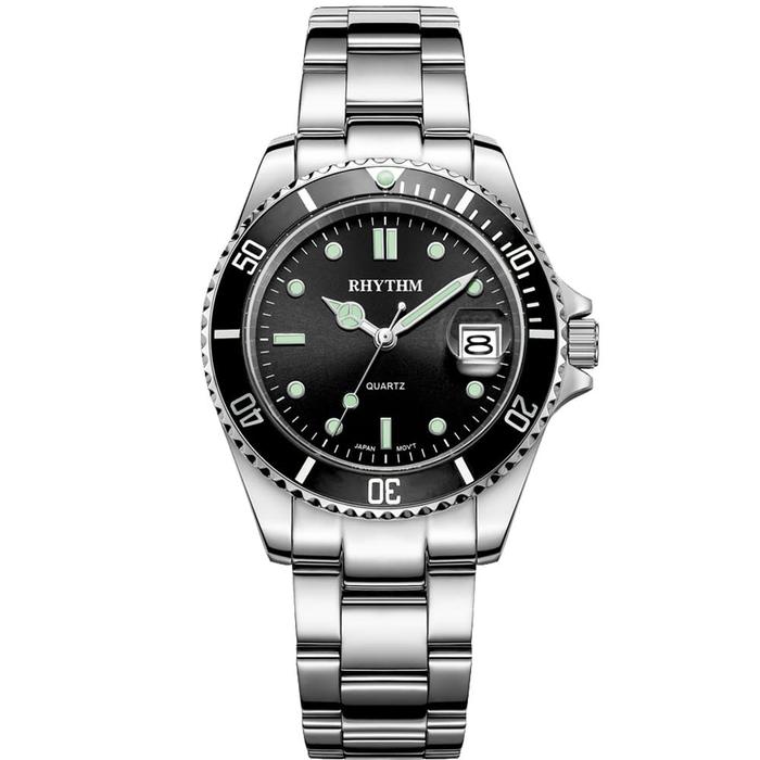 Jam Tangan Pria Rantai Silver Dial Hitam Ring Hitam RHYTHM RQ1601S02