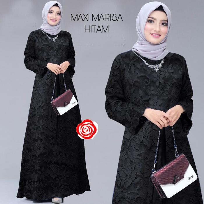 gamis marisa brukat hitam maxi dres baju muslim terbaru