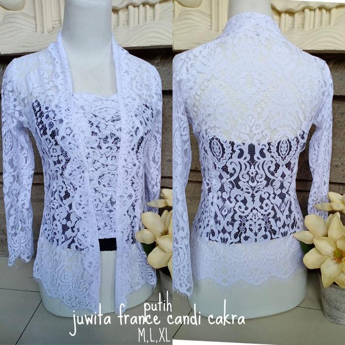 Kebaya bali brukat putih semi italy motif pakis kancing kait