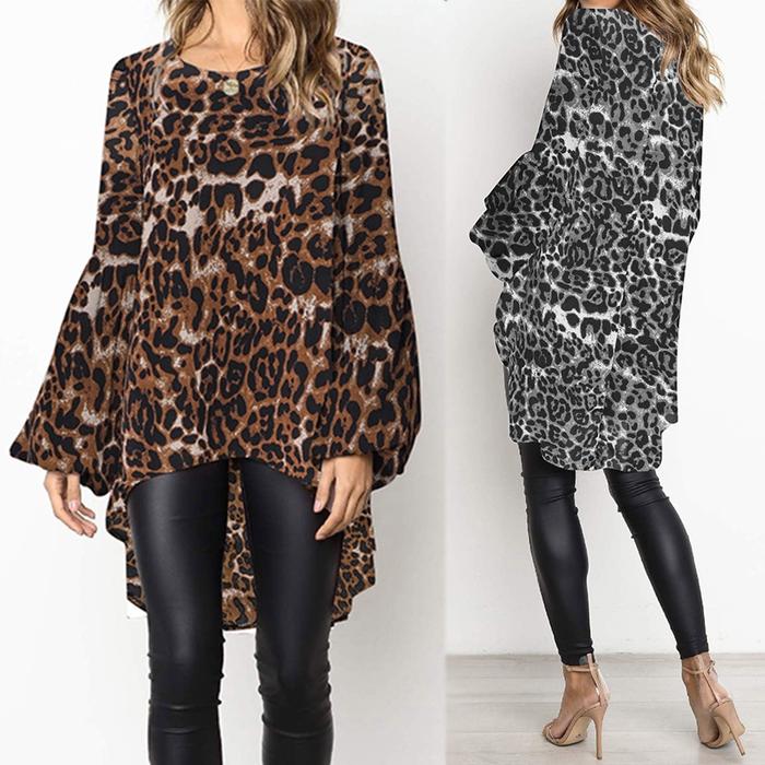 Womens Casual Leopard Printed Puff Sleeve Plus Blouse