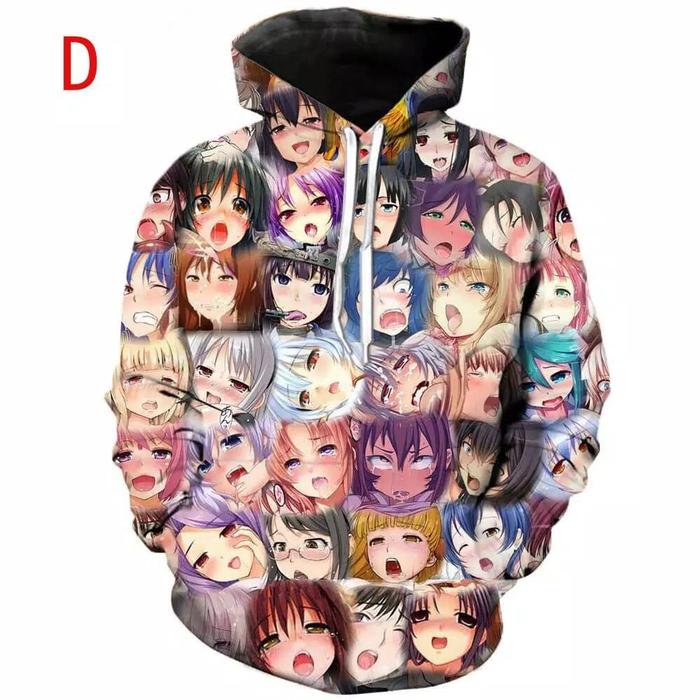 Ahegao Sweater Kaos Hoodie Lengan Panjang Print Kartun Anime berwarna