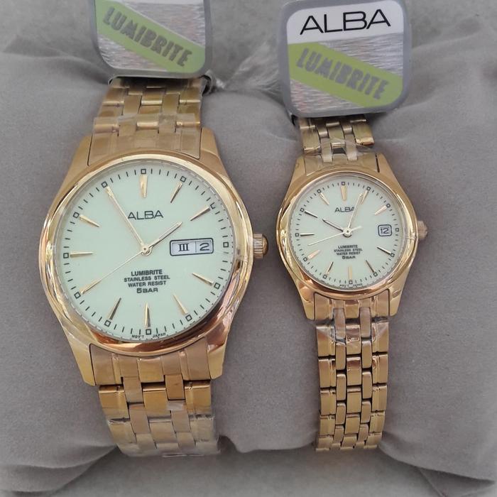 ALBA jam tangan pria AXND46 dan wanita AXT850 Lumibrite Gold ORIGINAL