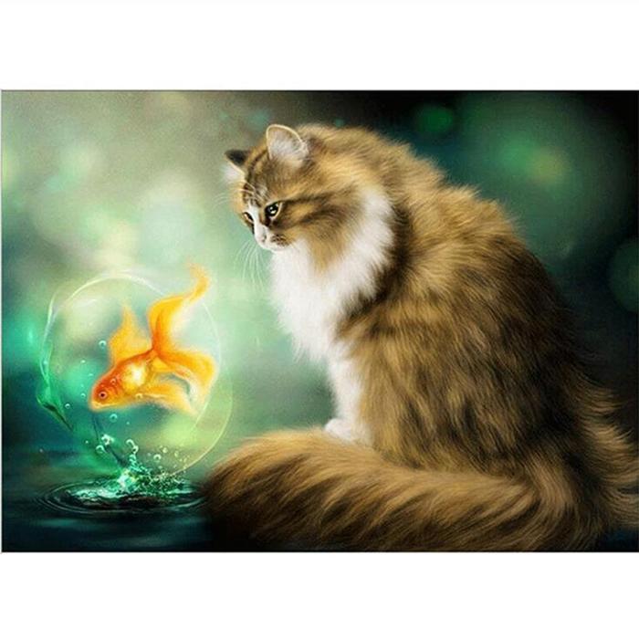 DIY Lukisan Diamond 5D dengan Gambar Ikan dan Kucing untuk Hiasan